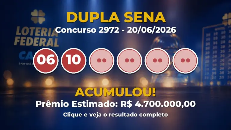 Resultado da Dupla Sena de hoje: prêmio acumula em R$ 4,7 milhões no concurso 2972