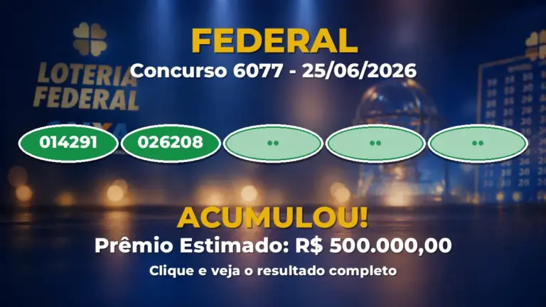 Resultado da Federal de hoje (concurso 6077): prêmio vai a R$ 500.000,00