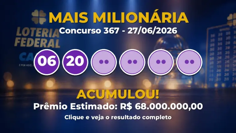 Resultado da Mais Milionária de hoje: prêmio acumula em R$ 68 milhões no concurso 367
