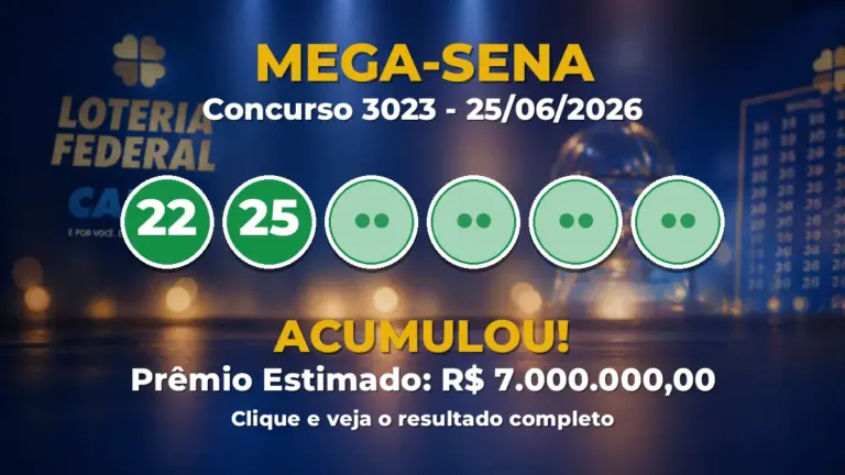 Resultado da Mega-Sena de hoje: prêmio acumula em R$ 7 milhões no concurso 3023