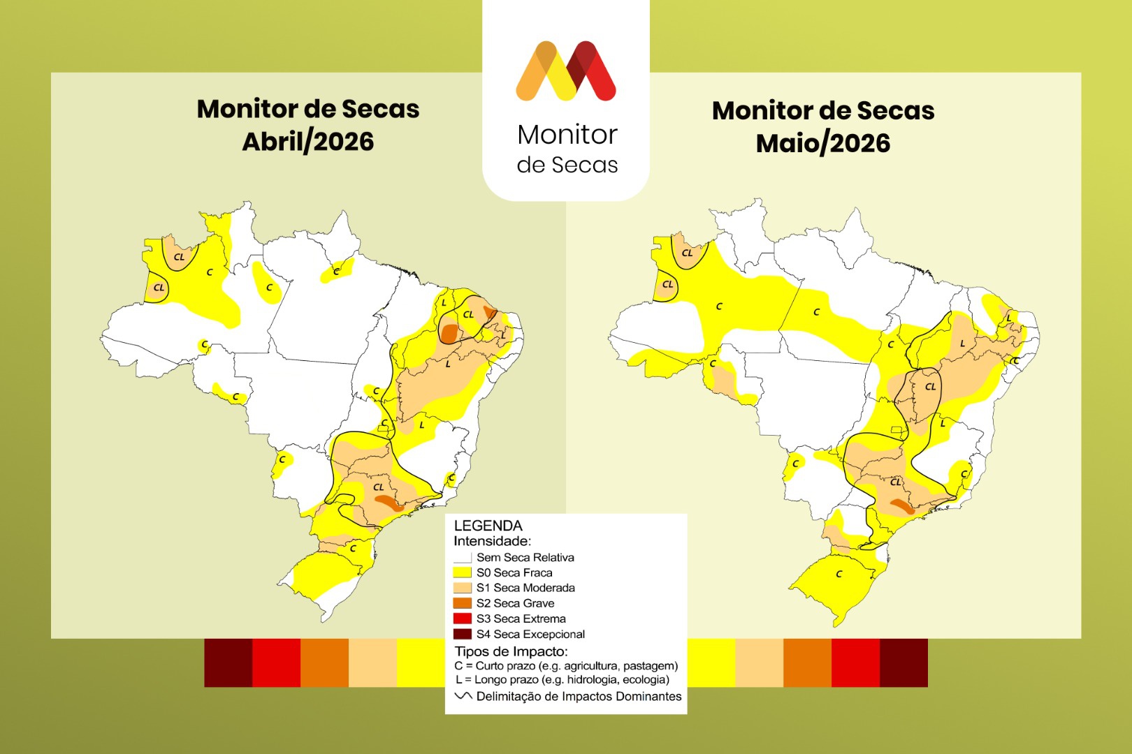Seca volta a atingir o Acre e já atinge quase 70% do território do estado Mapa do Monitor em abril e maio de 2026