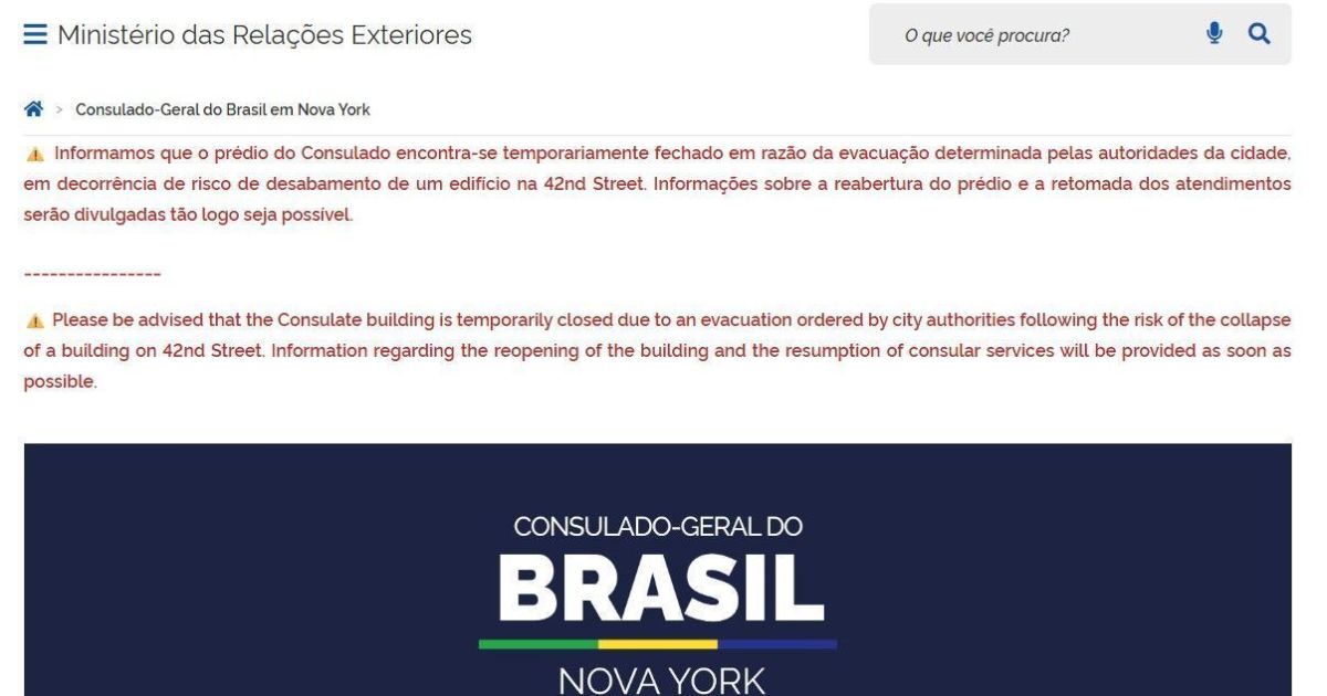 Consulado do Brasil em Nova York fecha por risco de queda de prédio vizinho Consulado do Brasil em Nova York fecha por risco de queda de prédio vizinho