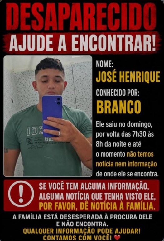 Família procura jovem desaparecido após saída de casa no último domingo Família procura jovem desaparecido após saída de casa no último domingo