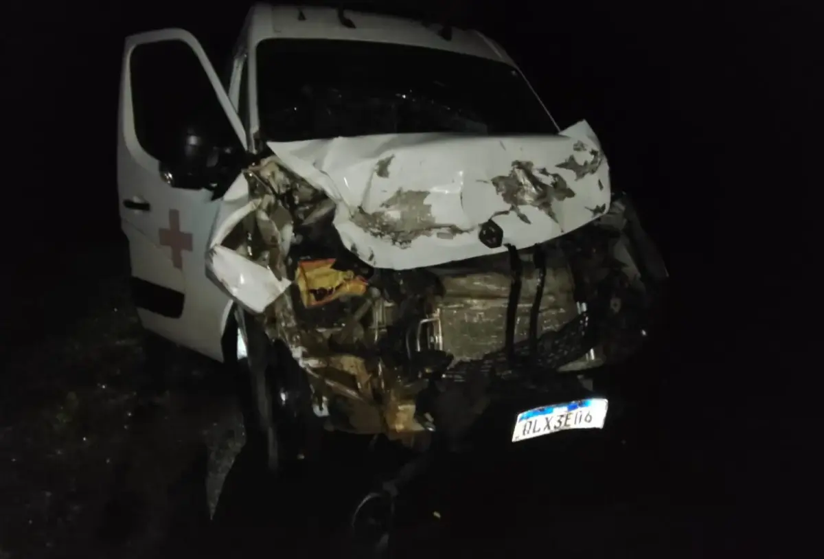 Ambulância de Feijó bate em boi na BR-364 e fica com a frente destruída