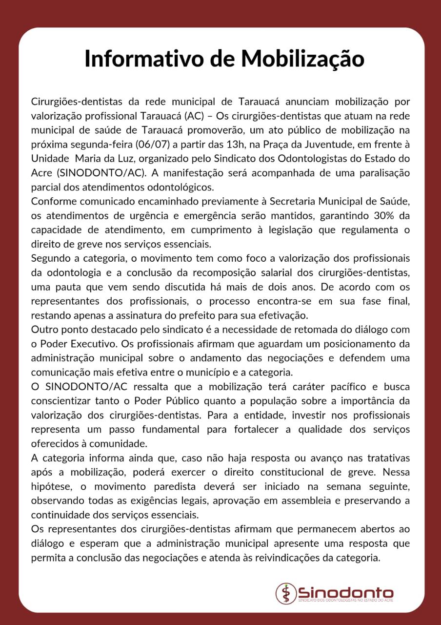 Dentistas de Tarauacá cobram reajuste e anunciam paralisação