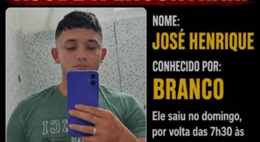 Família procura jovem desaparecido após saída de casa no último domingo Família procura jovem desaparecido após saída de casa no último domingo