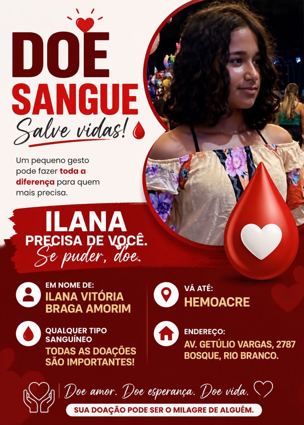 Família pede doação de sangue para adolescente internada em Rio Branco