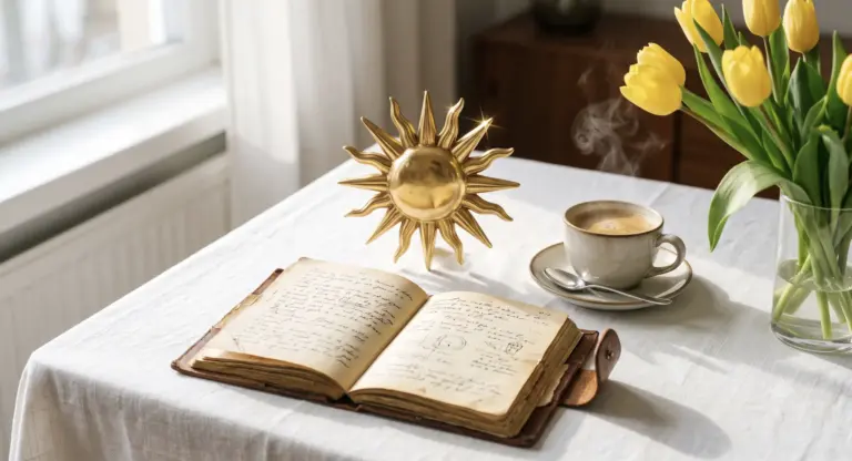 Símbolo astrológico do Sol em dourado sobre linho branco com café e tulipas, representando as previsões do horóscopo de hoje para o domingo.