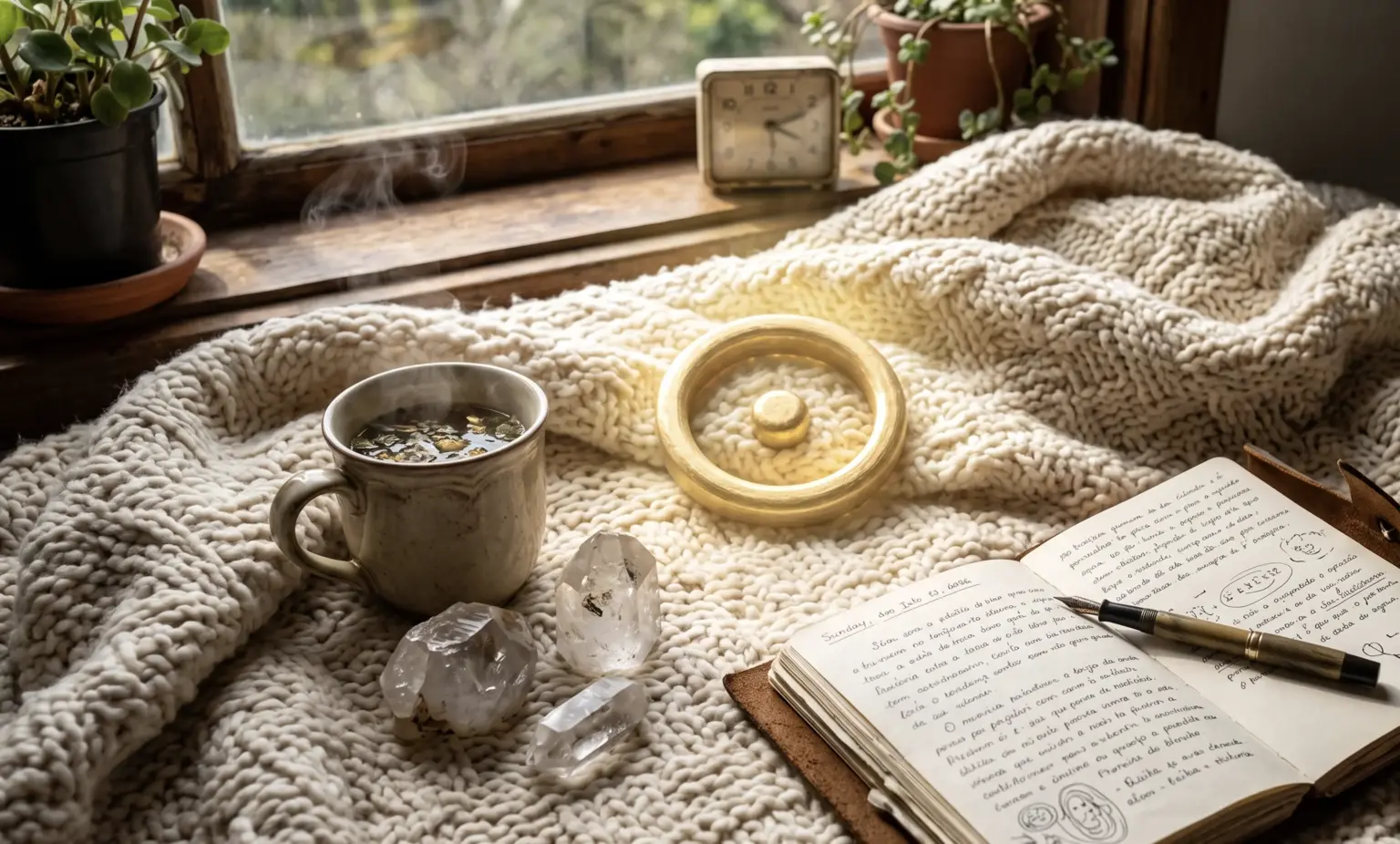 Símbolo astrológico do Sol em dourado sobre uma manta de tricô com chá e cristais, representando o recarregamento de energias no horóscopo deste domingo.