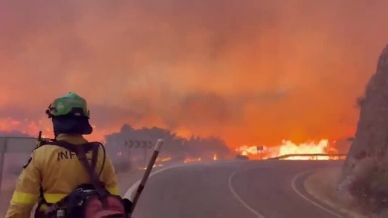 Vídeo mostra bombeiros tentando apagar fogo perto de estrada na Espanha