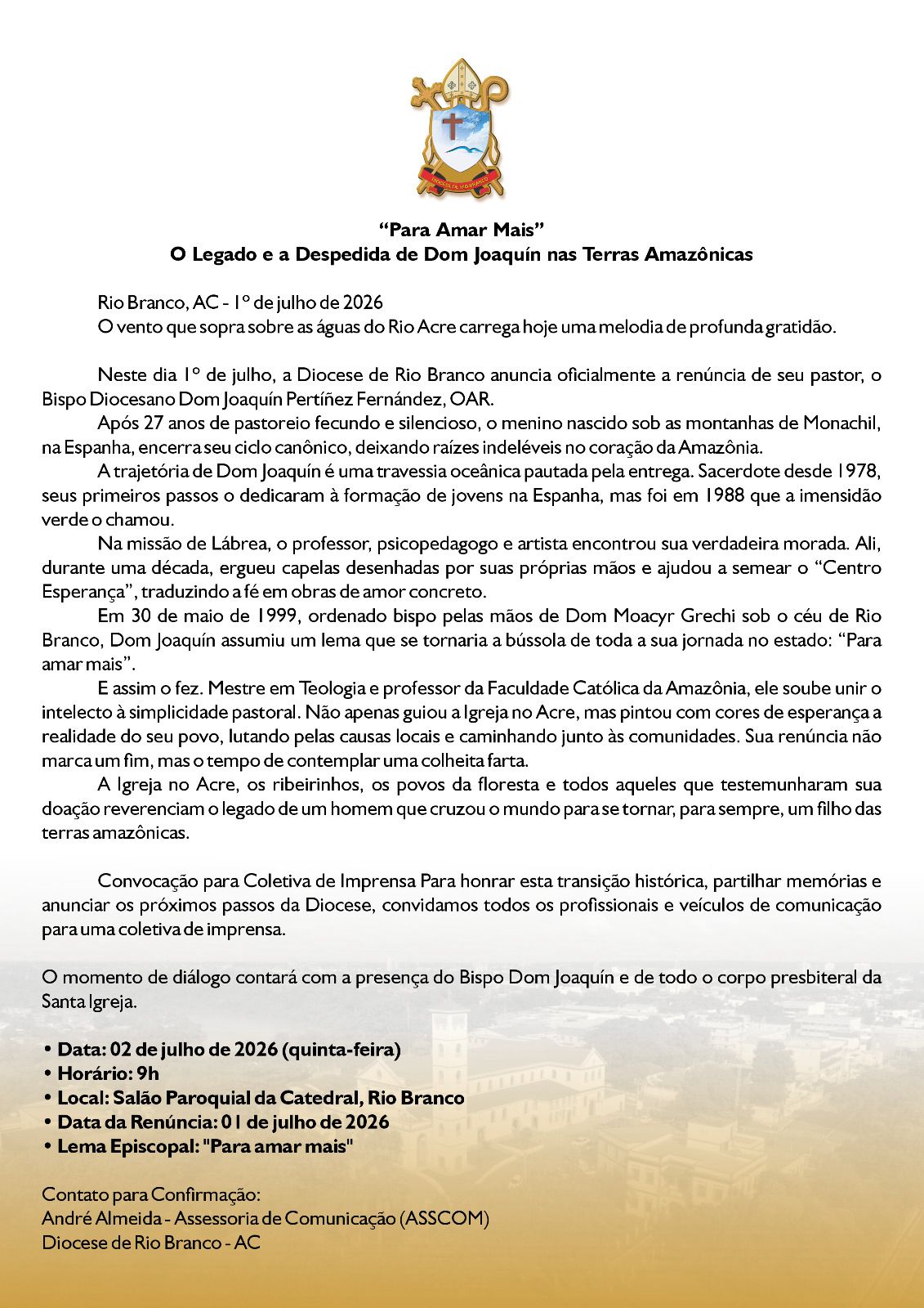 Diocese de Rio Branco divulga nota oficial sobre a saída de Dom Joaquín; veja