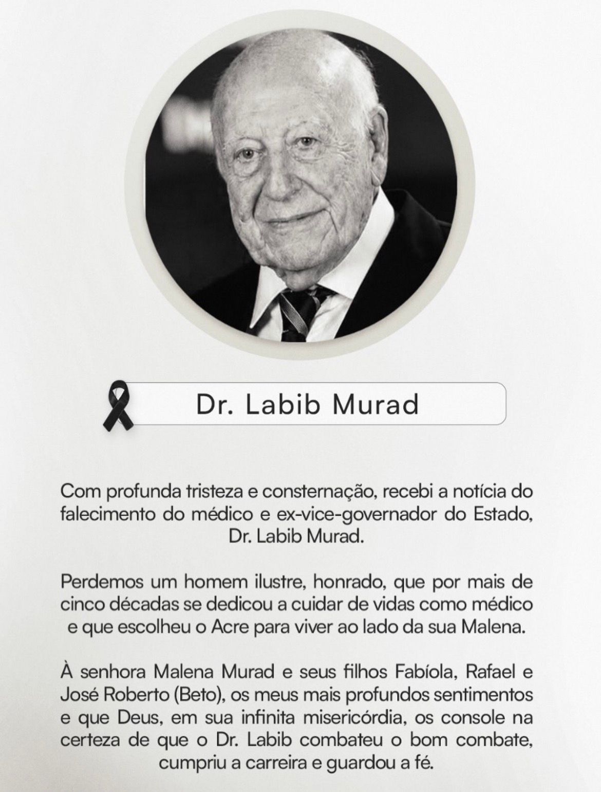 Mailza lamenta morte do médico e ex-vice-governador Labib Murad Mailza lamenta morte do médico e ex-vice-governador Labib Murad