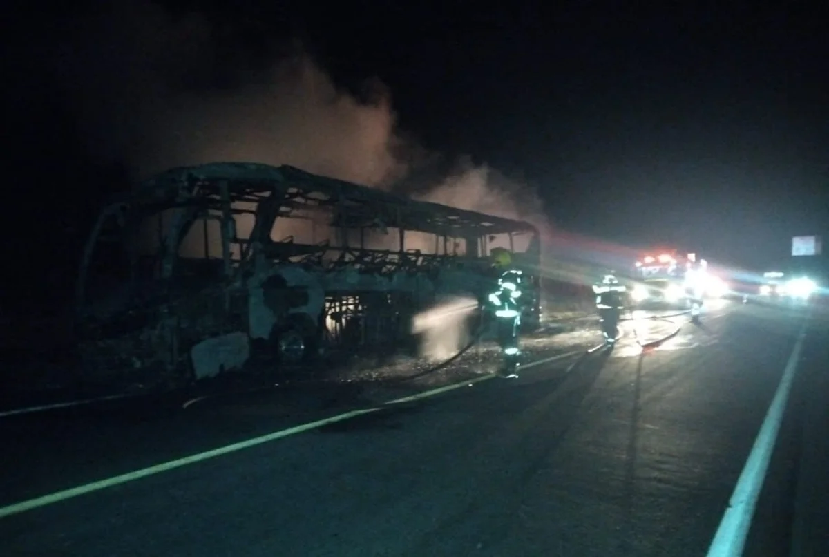 Ônibus interestadual com 41 passageiros pega fogo em rodovia federal Ônibus interestadual com 41 passageiros pega fogo em rodovia federal