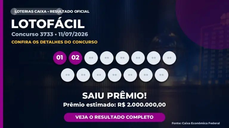Resultado da Lotofácil concurso 3733, com imagem destacada do sorteio
