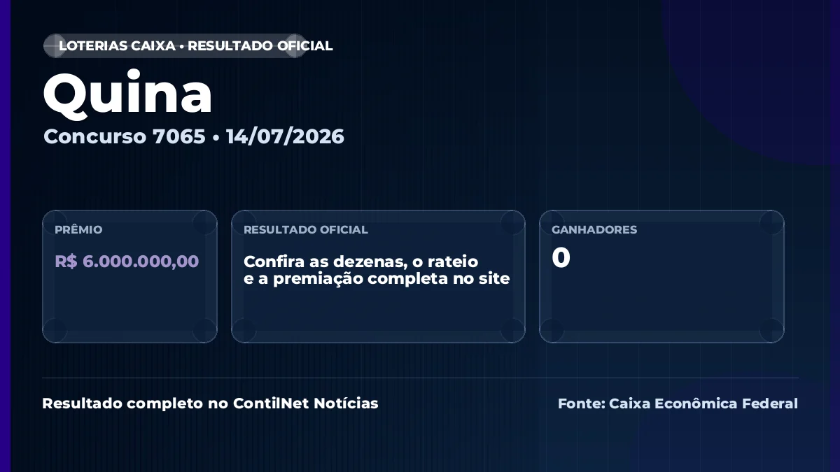 Resultado da Quina de hoje: confira os números sorteados do concurso 7065