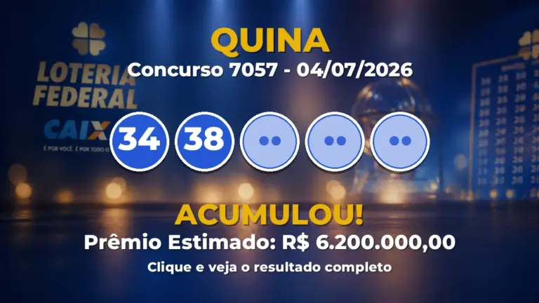 Resultado da Quina de hoje: veja as dezenas do concurso 7057 acumulado