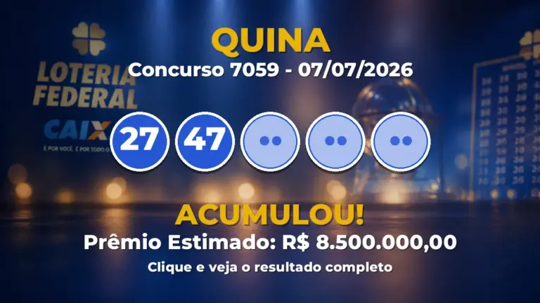 Resultado da Quina de hoje: prêmio vai a R$ 8,5 milhões no próximo sorteio