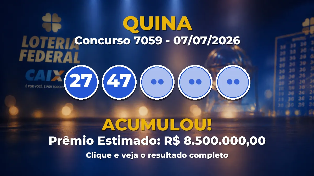 Resultado da Quina de hoje: prêmio vai a R$ 8,5 milhões no próximo sorteio Resultado da Quina de hoje: prêmio vai a R$ 8,5 milhões no próximo sorteio