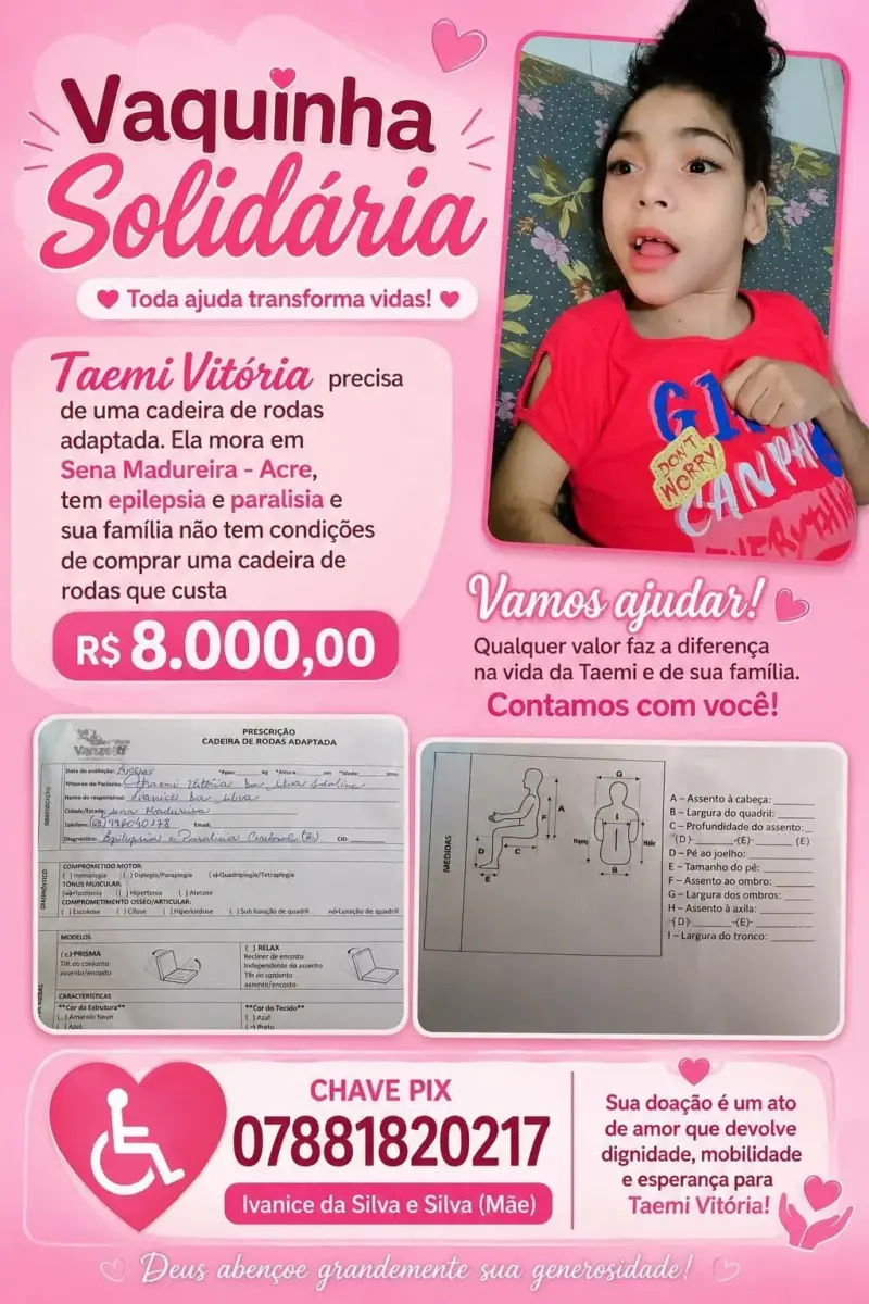 Menina de 8 anos com paralisia cerebral precisa de cadeira adaptada no Acre