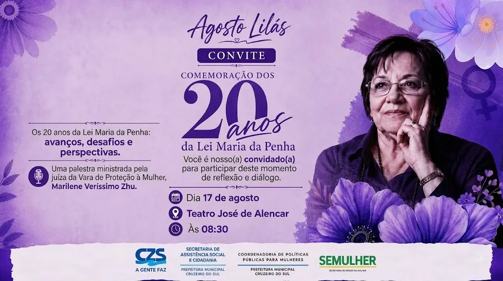 Prefeitura de Cruzeiro do Sul realizará evento pelos 20 anos da Lei Maria da Penha