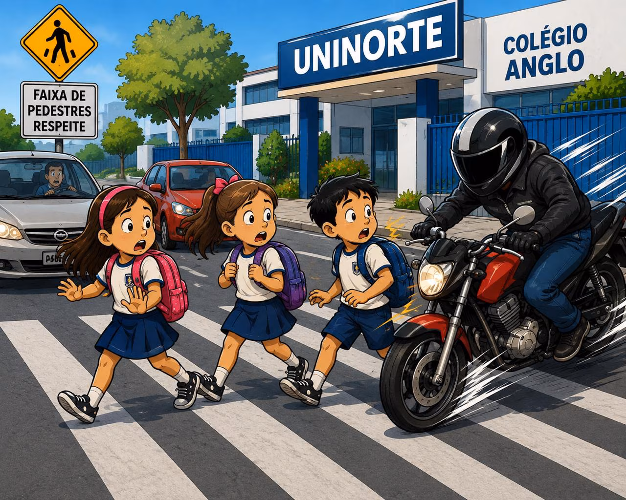 Motociclista passa entre carros parados e quase atropela três crianças